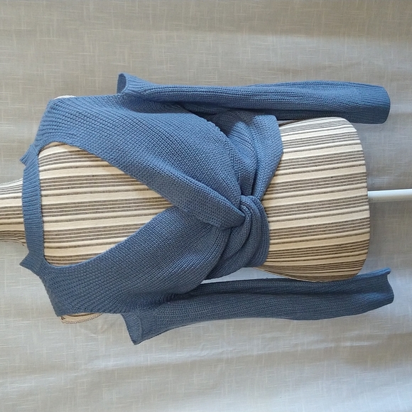 Blue Chocker twisted Ribbed Sweater Cold Shoulder Crop Wear Two Ways Size XL - Picture 3 of 14